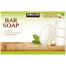 Kirkland Signature bar soap box with 15 white bar soaps and shea butter