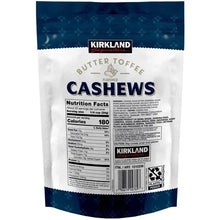 Nutrition Facts and ingredients panel on butter toffee cashews pouch