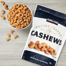 Butter toffee cashews pouch and bowl of cashews on light gray surface