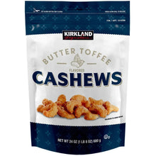 Butter toffee cashew snack bag with KIRKLAND branding and printed nuts