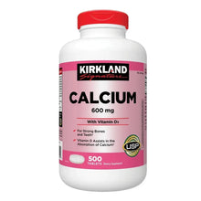 Kirkland Signature calcium 600 mg supplement bottle with Vitamin D3, 500 tablets