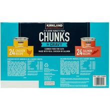 Back of canned cat food variety pack, 24 chicken and 24 salmon recipes in gravy