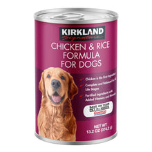 Kirkland Signature canned dog food can, chicken & rice formula label with dog
