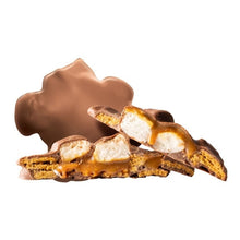 Chocolate-coated caramel s'mores cluster with graham cracker and marshmallow filling