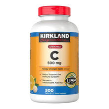 Kirkland Signature chewable Vitamin C bottle, 500 mg, red cap and orange label