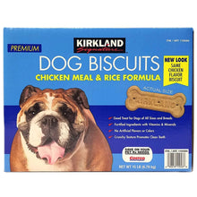 Blue dog biscuit box, chicken meal & rice formula, Kirkland Signature branding