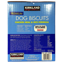 Back of blue dog biscuit box with feeding and analysis information, Kirkland Signature