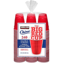 Red plastic drink cups retail multipack with front label, 240 count.