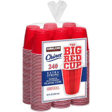 Red plastic drink cups in retail pack, 18 fl oz, 240 count.