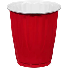 Red plastic cup with fluted sides and white rim