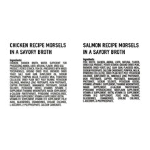 Ingredient label panels for chicken and salmon cat food morsels in savory broth