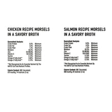 Nutrition label panels for chicken and salmon cat food morsels in savory broth
