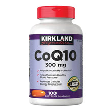 Kirkland Signature CoQ10 300 mg supplement bottle, front label, 100 softgels