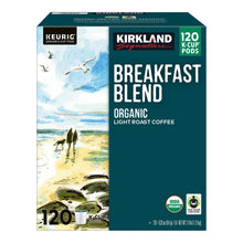 120-count K-Cup pod box, Kirkland Breakfast Blend organic light roast coffee