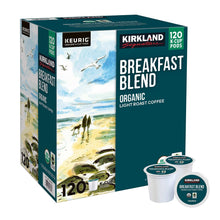 120-count K-Cup pod box with two cups, Kirkland Breakfast Blend organic light roast