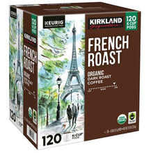 Kirkland Signature French Roast organic dark coffee K-Cup box, 120-count, side view
