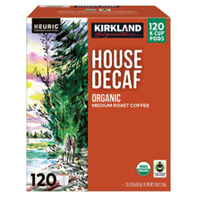 120-count K-Cup pod box for organic house decaf coffee, front panel with logos