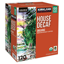 120-count K-Cup pod box for organic house decaf coffee, angled view with forest art