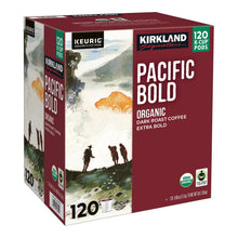 Kirkland Signature Pacific Bold organic dark roast K-Cup box, side view, 120 pods