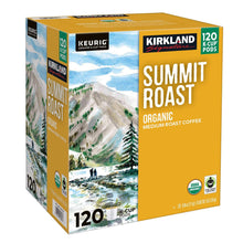 K-Cup pod pack showing Summit Roast organic medium roast and 120 K-Cup pods