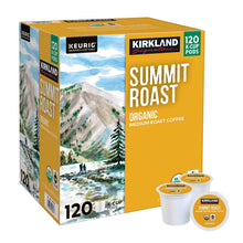 K-Cup pod box with Summit Roast organic medium roast label, plus 120 pods