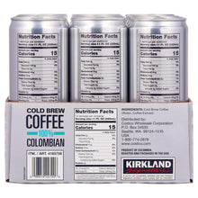Kirkland cold brew coffee Colombian package with Nutrition Facts and ingredients