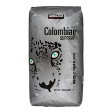 Whole bean coffee bag, Colombian Supremo label, Kirkland Signature branding