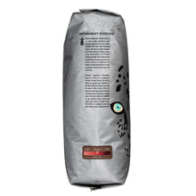 Coffee bag back panel with sustainability text and decorative cat graphic