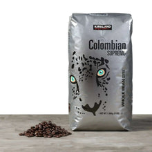 Coffee bag front view, Colombian Supremo whole bean in silver-gray packaging