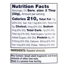 Nutrition Facts label for creamy almond butter with serving size, calories, and ingredients