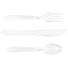 Clear cutlery set: fork, spoon, and knife with glossy transparent handles