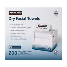 Dry facial towels box front with 200-count text and towel image, Kirkland Signature