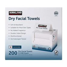 Dry facial towels box front, 200 count with features list and brand label.