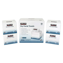 Dry facial towels box set in white and blue packaging, 200-count cartons.