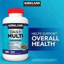 Kirkland Signature Daily Multi bottle with helps support overall health blue label