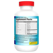 Multivitamin supplement bottle back panel with red cap and Supplement Facts table