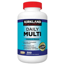 Kirkland Signature Daily Multi multivitamin bottle with red cap and blue front label