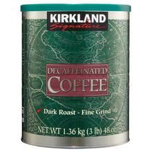 Decaffeinated coffee can with green map design and “Dark Roast - Fine Grind” label