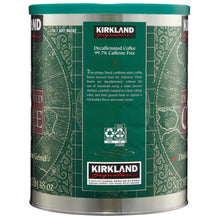 Decaffeinated coffee can back with ingredient description and recycling icons