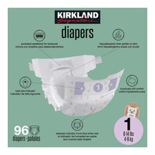 Size 1 diaper pack showing waistband and wetness indicator, 96-count