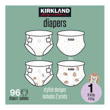 Size 1 diaper pack, front and back diagram, 96-count