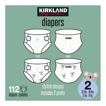 Kirkland Signature diapers size 2 112-count package with front and back diaper views