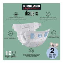 Kirkland Signature diapers size 2 112-count package showing diaper diagram and size info