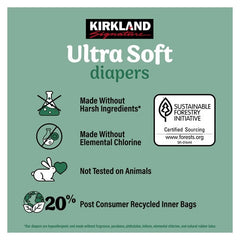Ultra Soft diapers package label with no harsh ingredients and chlorine-free claim