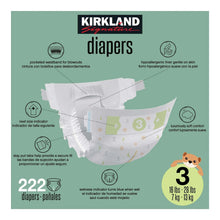 Kirkland Signature diapers size 3 packaging diagram, 222 diapers, 16–28 lb