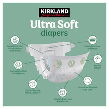 Kirkland Signature Ultra Soft diapers box with Size 3 feature diagram