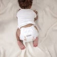 Baby in a white diaper, back view with waistband area visible