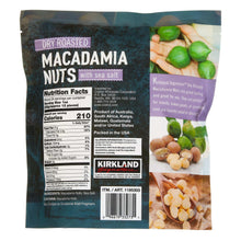 Kirkland Signature dry roasted macadamia nuts bag, nutrition facts panel