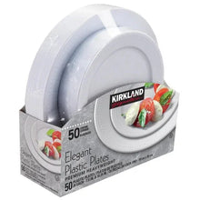 Elegant white plastic plates, 50-count variety pack, stacked with scalloped rims