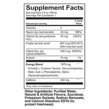 Energy Shot supplement facts nutrition label panel for 2 fl oz (59 ml) serving